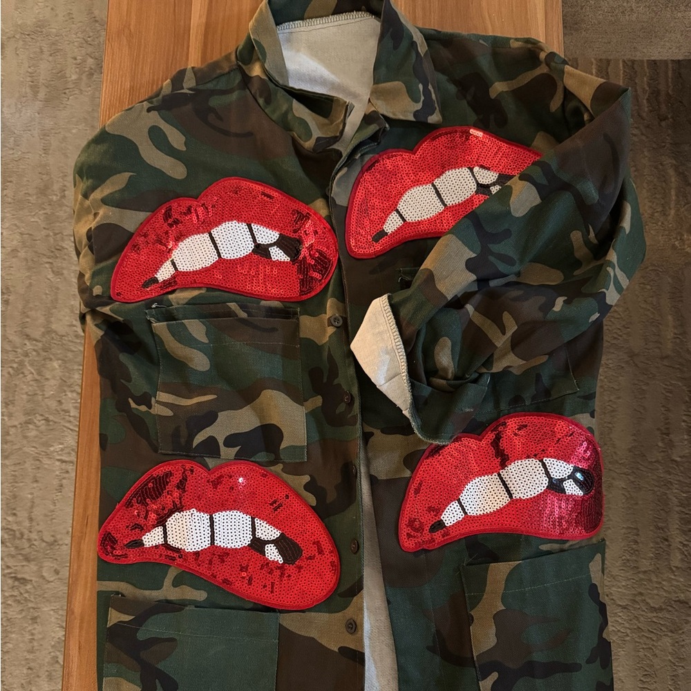 Camouflage Jacket with Red Sequin Lips
